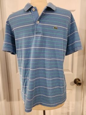 Lacoste Men's Light Blue Striped Polo Shirt. Size 4 (Medium)